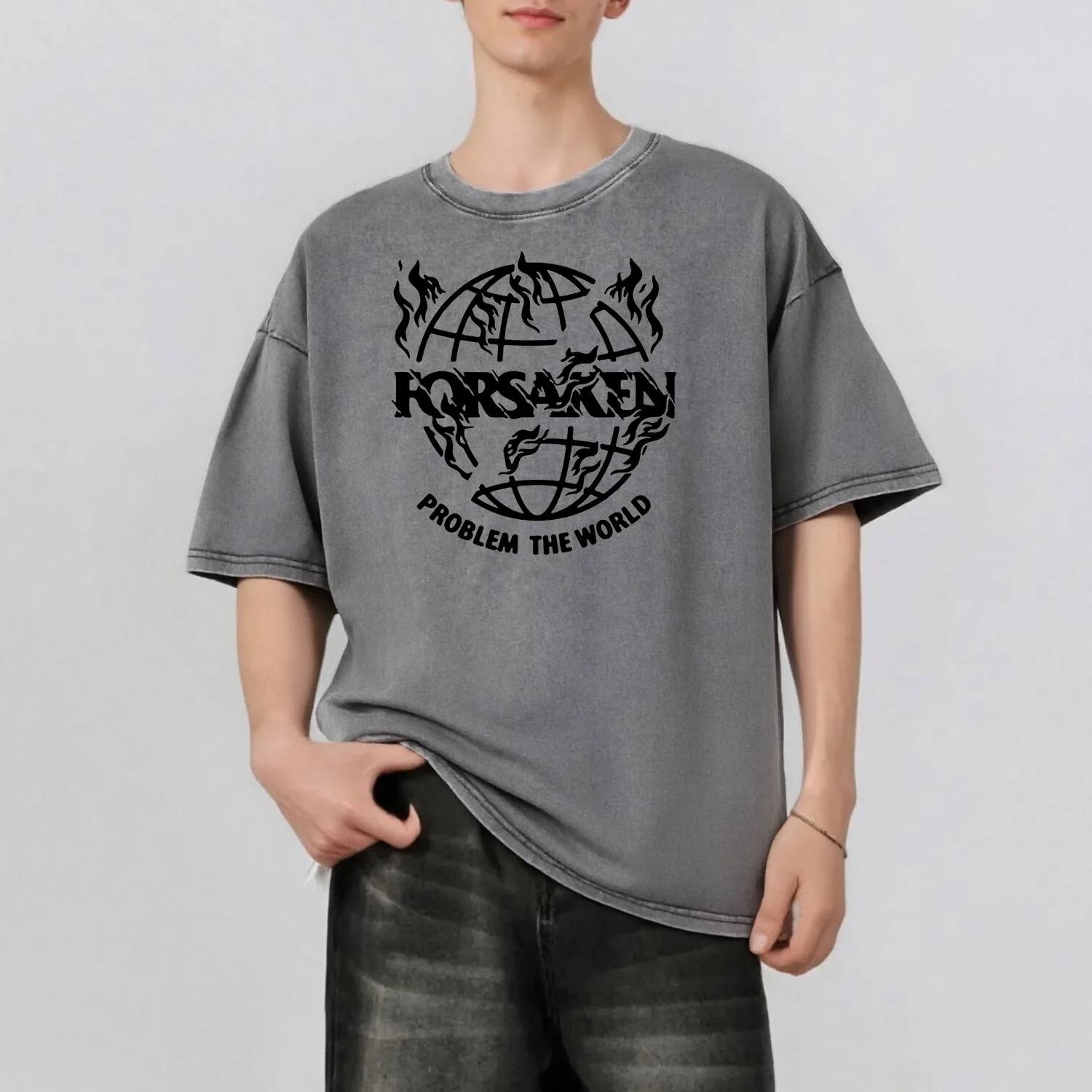 الأرض الجرافيك الطباعة الرجال الصيف ريترو ستايل غسلها المياه تي شيرت عادية قصيرة الأكمام الأساسية الرجال أعلى 230 جرام