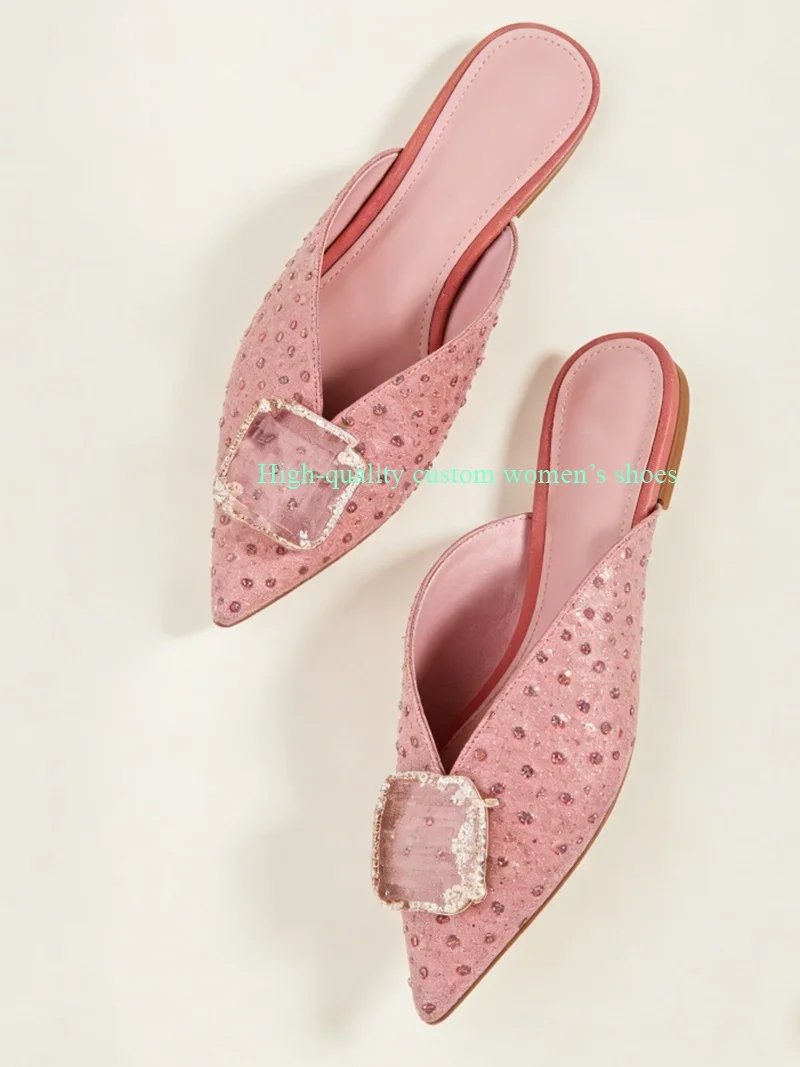 

Transparent Square Buckle Decoration Pointed V-shaped Instep Pink Slippers Flat Heels Shallow Summer Manual Women's Luxury Footw