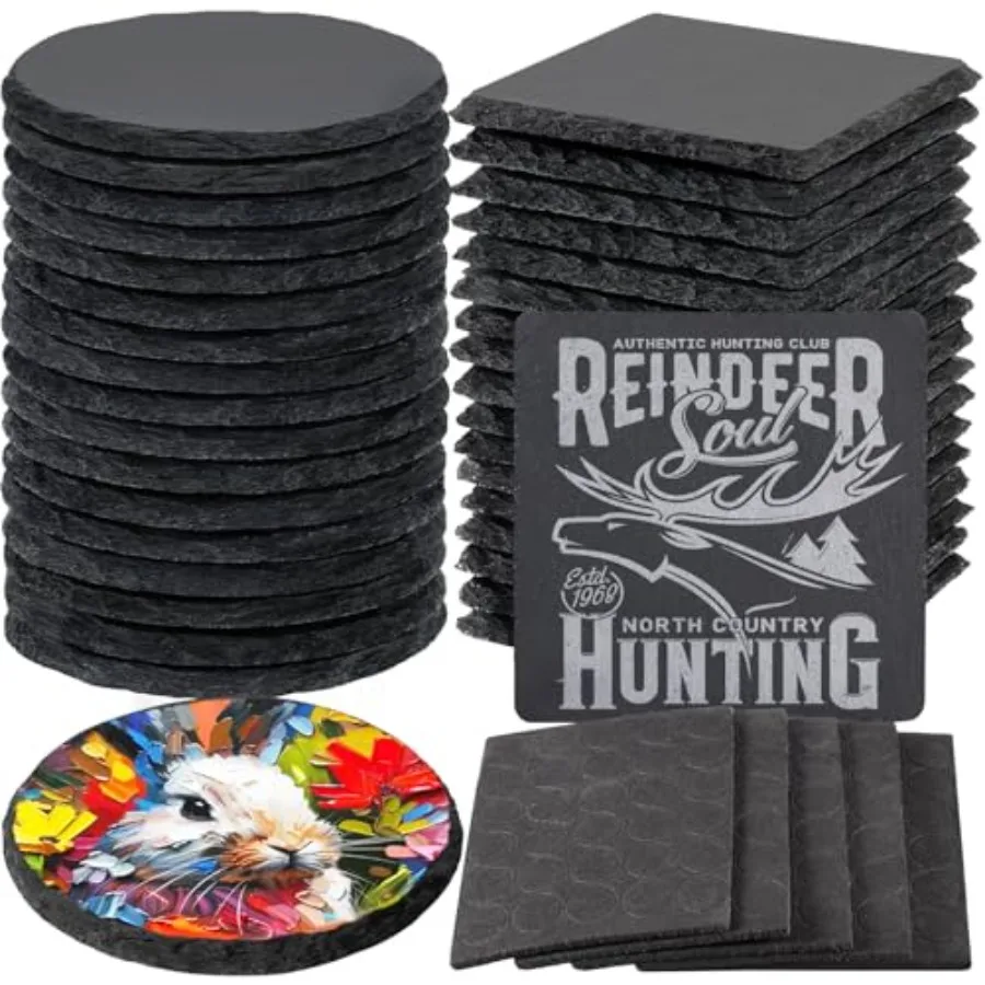 

36 PCS Black Slate Stone Coasters Bulk, Laser Engraving Blanks Material, 18 PCS Square, 18 PCS Round for Engraver, Drinks, DIY