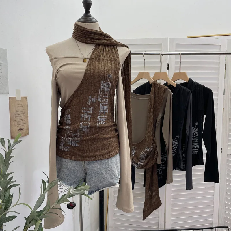 

Retro Y2k Spice Girl Off-the-shoulder Neck Scarf Printed Knitted Top Design Slim-fitting T-shirt Women