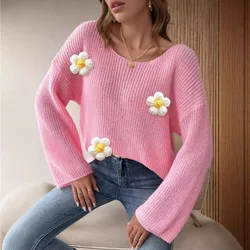 Casual Loose Knitted Sweater Hoodie for Autumn/Winter Women's Tops 2024 New Sexy Slash Neck 3D Flower Full Flare Sleeve Pullover