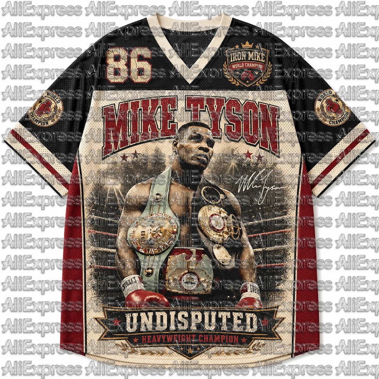 Mike Tyson Iron Mike 86 Undisputed Pattern Men's Mesh V-neck Short Sleeved T-shirt Retro Boxing Champion Street Sports Top
