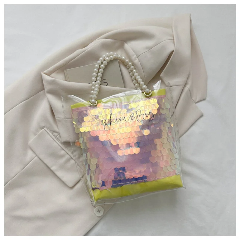 Fashion Pearl Handle PVC Clear Transparent Tote Bag Women Glitter Jelly Bag Ladies Luxury Shoulder Bags Female Messenger Bag