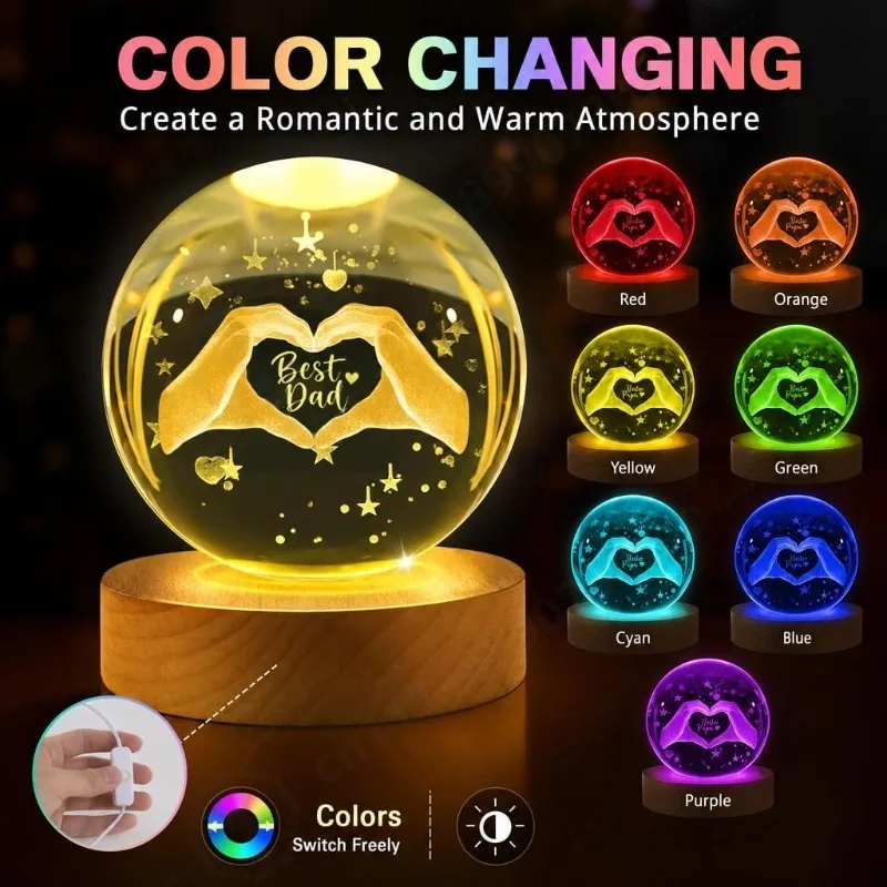 6cm 3D Color Changing Crystal Ball Birthday Gifts Presents for Dad, Fathers Day Birthday Presents for Dad Gifts from Daughter