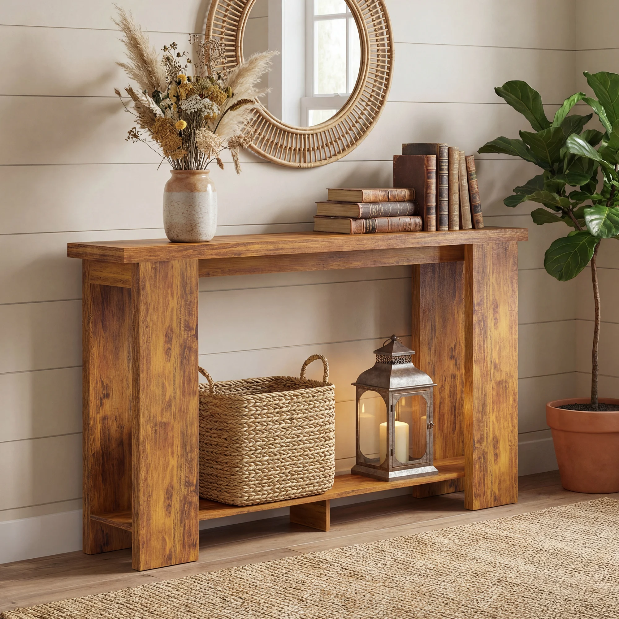 Wooden Entryway Table, Long Narrow Console Table with Storage Shelf, Farmhouse, Thick Tabletop, Behind the Couch, Easy Assembly, 63" x 11.8" x 33.5", for Hallway, Living Room, Distressed Brown view 2