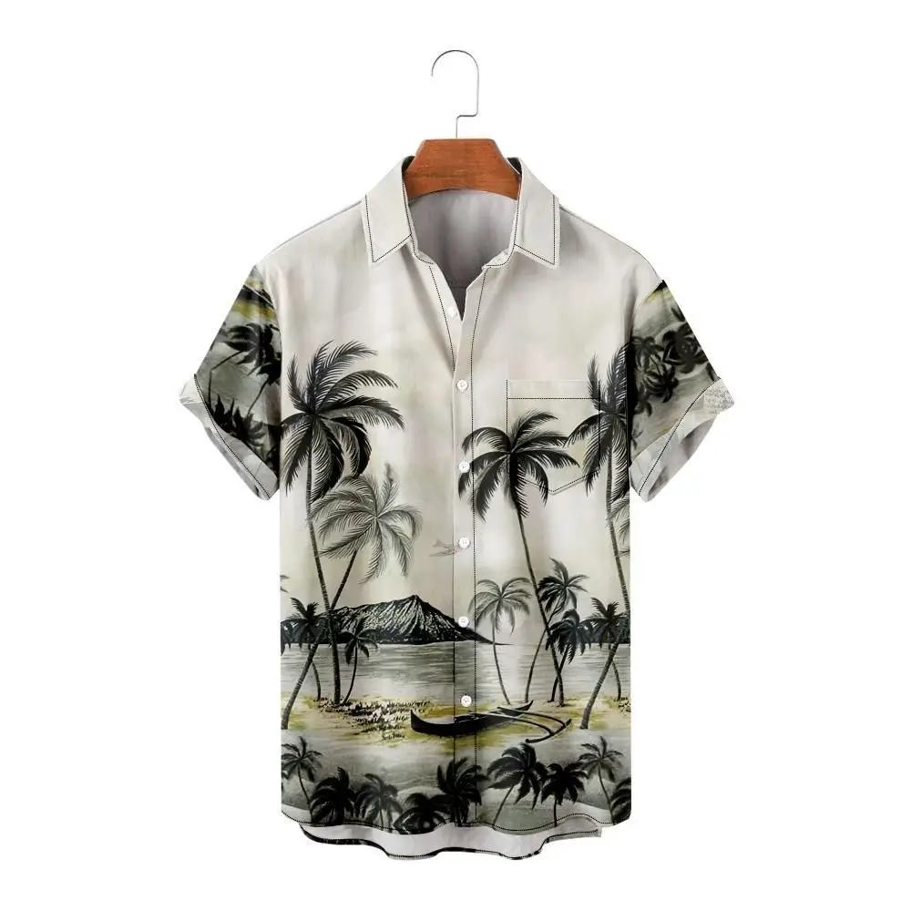 Camisa havaiana de manga curta masculina para férias na praia de verão com lapela de peito único, camiseta masculina solta e confortável de manga curta