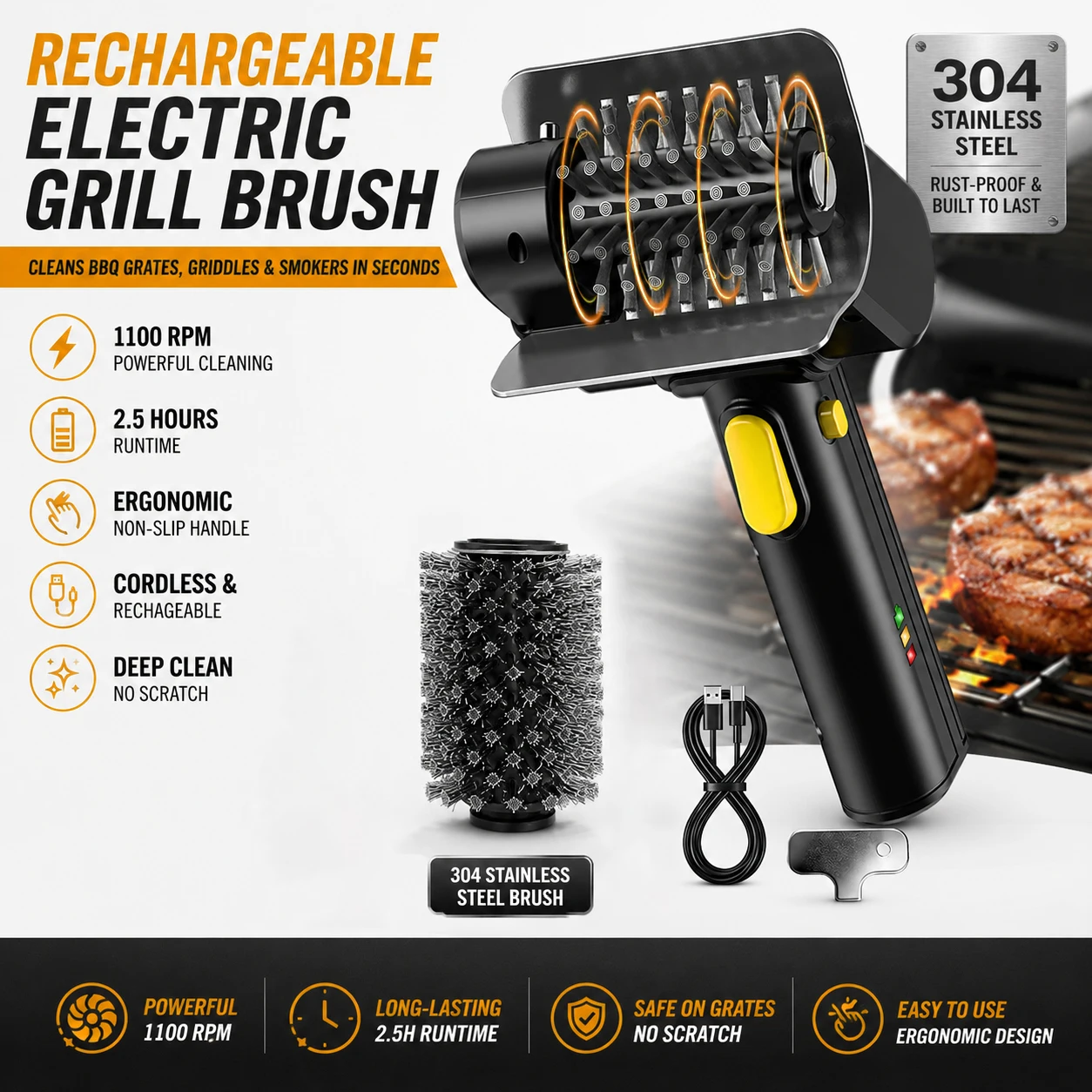Hippcron Electric BBQ GrillCleaning Brush Stainless Steel Brush Grill Accessories Clean Tool 2000mAh 3.7V TypeC Charging