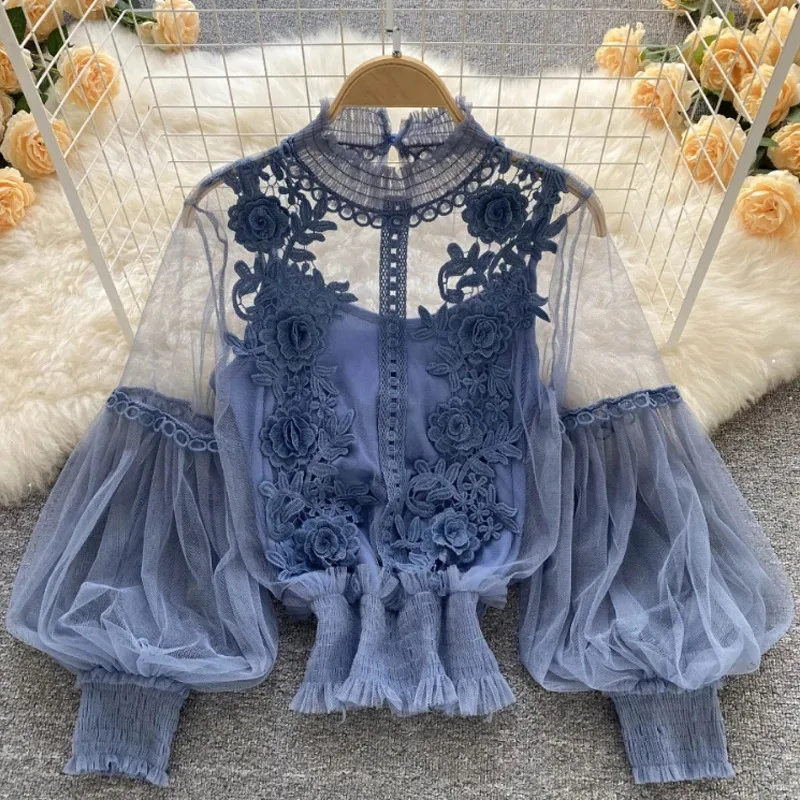 Elegant Mesh Lace Embroidery Women Blouse Lantern Sleeve See Through Sexy Shirt Women Vinatge Lady Slim Tops with Lining 25914