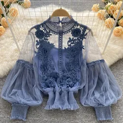 Elegant Mesh Lace Embroidery Women Blouse Lantern Sleeve See Through Sexy Shirt Women Vinatge Lady Slim Tops with Lining 25914