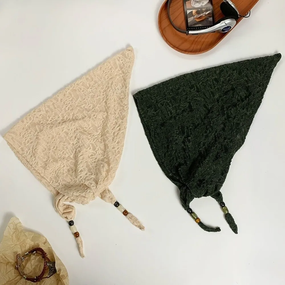 

Темпераментный винтажный шарф для волос с бусинами, корейский кружевной тюрбан Y2k, милая тонкая треугольная бандана, весна/лето