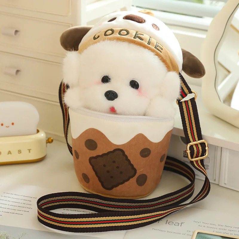 25cm 22cm Cute Milk Tea Cup Dog Doll Shoulder Bag Plush Toy Little Bomei Doll Children'S Birthday Couple Gift Backpack Design