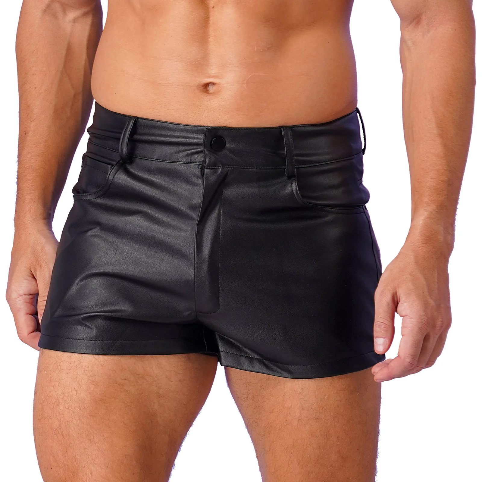 Men’s Fully Lining Latex Boxers Shorts Pockets PU Leather Shorts for Pole Dancing Rave Festival Party Outfit Punk Trunk Clubwear