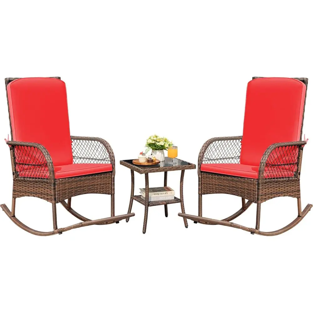 

3-Piece Outdoor Wicker Rocking Chair Set with Cushions and Side Table, High-Back Patio Bistro Furniture for Balcony or Garden (R