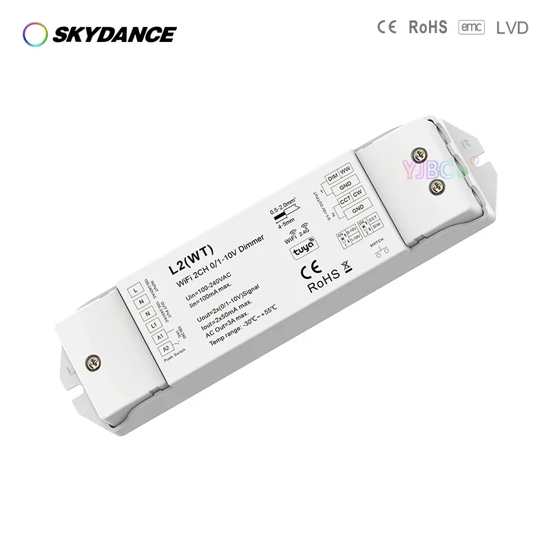 

Skydance Single Color led Strip tape 110V 220V AC 0/1-10V 2CH WiFi RF Push Dimmer Tuya APP Cloud on/off Controller DIP Switch