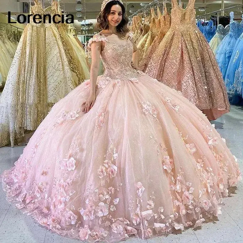 

Lorencia Pink Blue Quinceanera Dress Off Shoulder Ball Gown 3DFlowers Lace Applique Beading Sweet 16 Vestidos De 15 Años YQD626