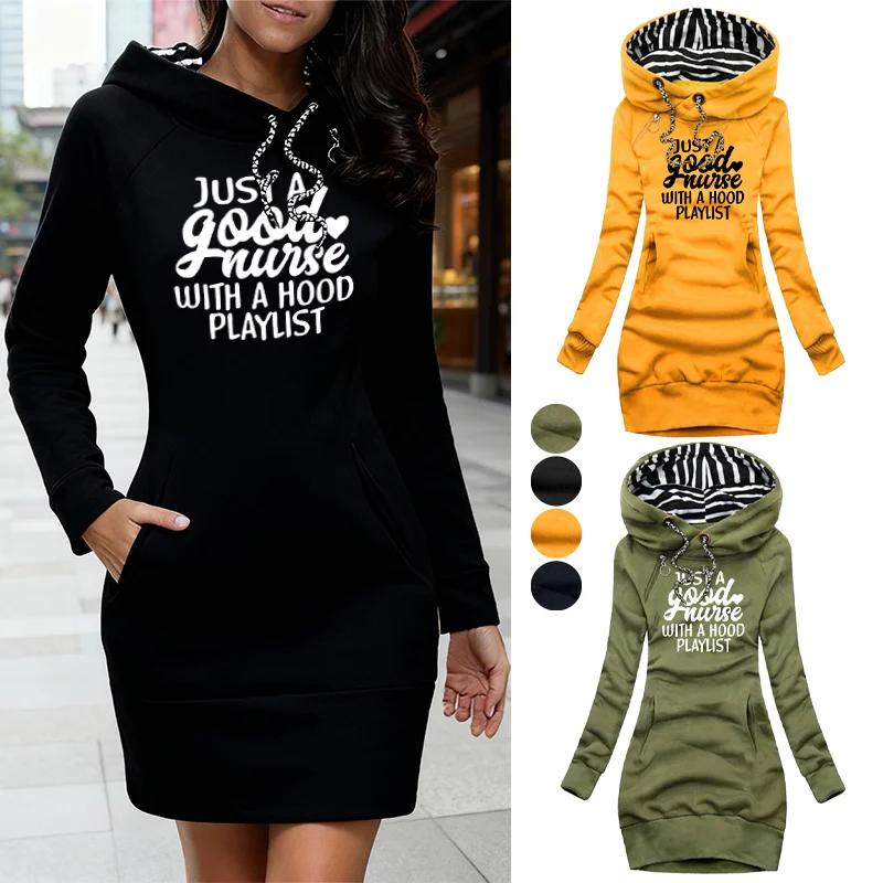 مجرد ضجيج جيد مع قائمة تشغيل هود طباعة الخريف الشتاء المرأة أزياء مقنعين اللباس هوديي اللباس المرأة سترة اللباس