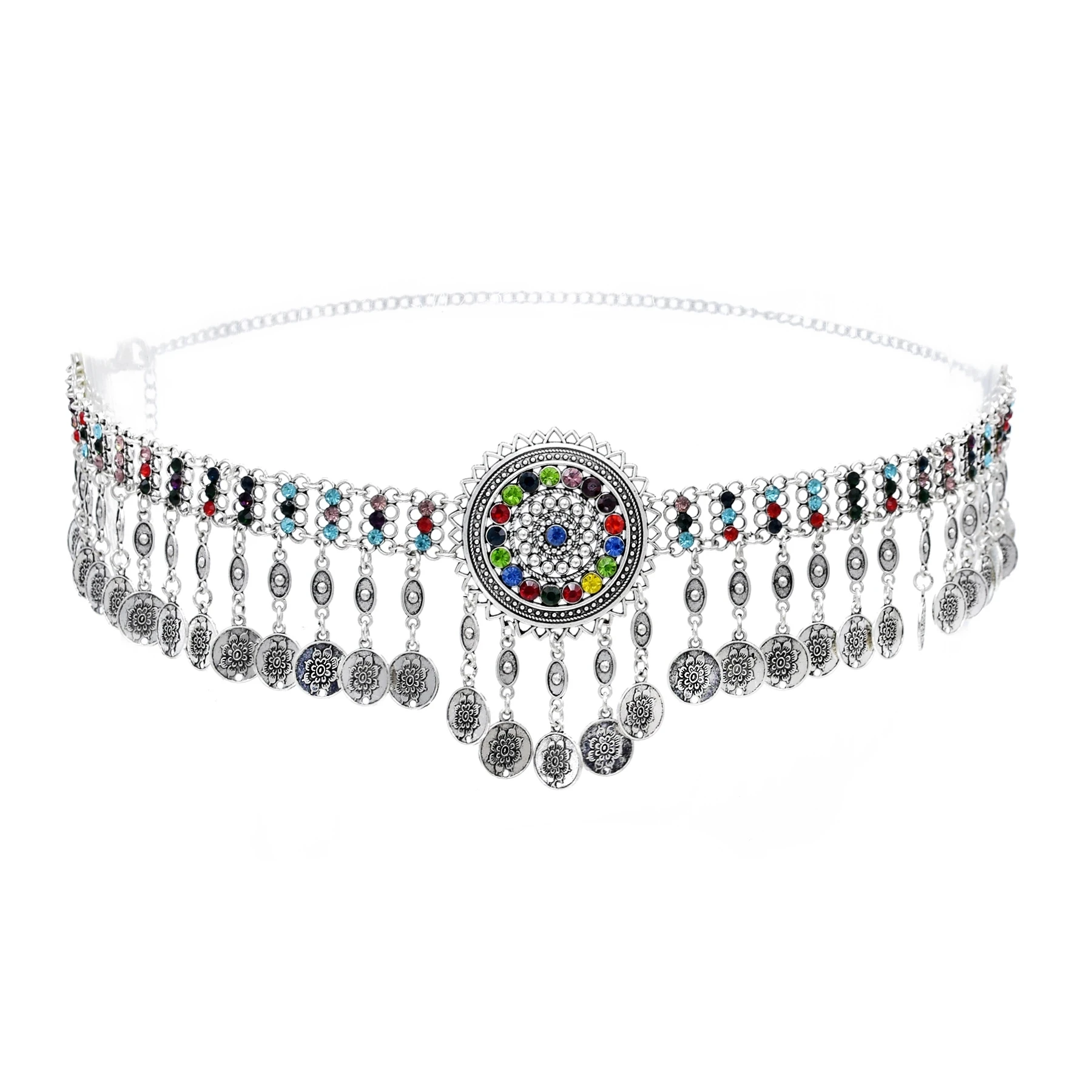 

Fashion Bohemian Colorful Crystal Coins Tassel Waist Belly Chains Gypsy Afghani Pakistan Indian Vintage Dance Belts Body Jewelry