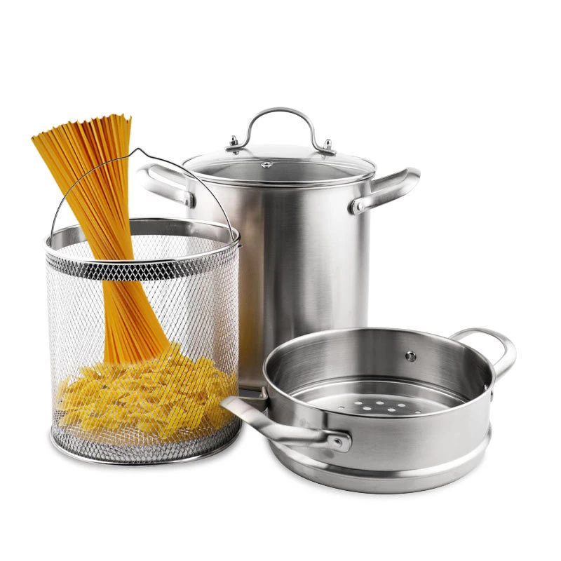 

4 Pcs Stainless Steel Pasta Cooker Steamer Multipots 5 L Soup Pot With Steam Grid Fry Basket for Pasta Asparagus Kitchen Cookwar