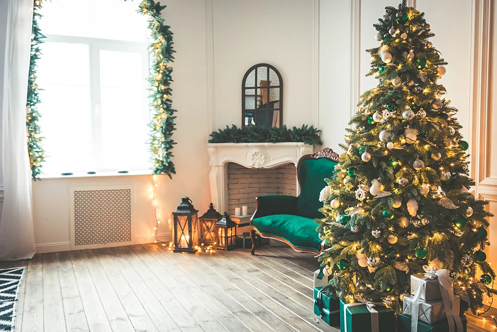 Weihnachts baum Party Kulissen Fenster Kamin Strümpfe Geschenke Baby Porträt Fotografie Hintergrund Fototermin Fotostudio