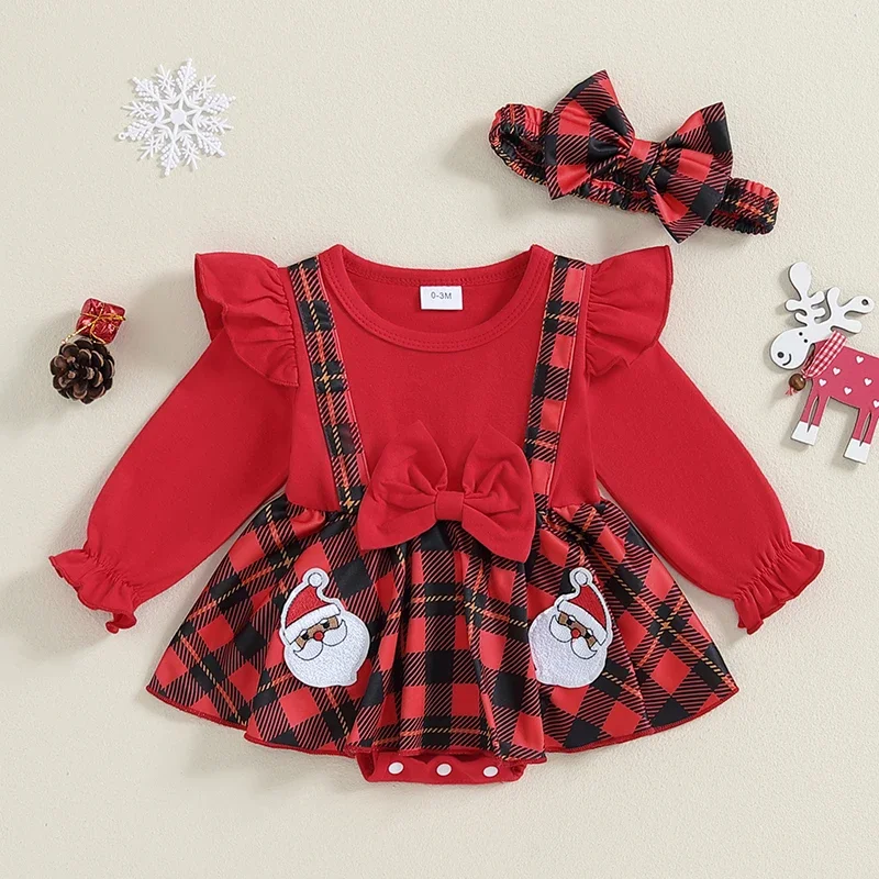 Chrismtas Newborn Baby Girls Rompers Clothes Red Plaid Santa Claus Print Long Sleeve Bowknot Patchwork Jumpsuits Headband image 2