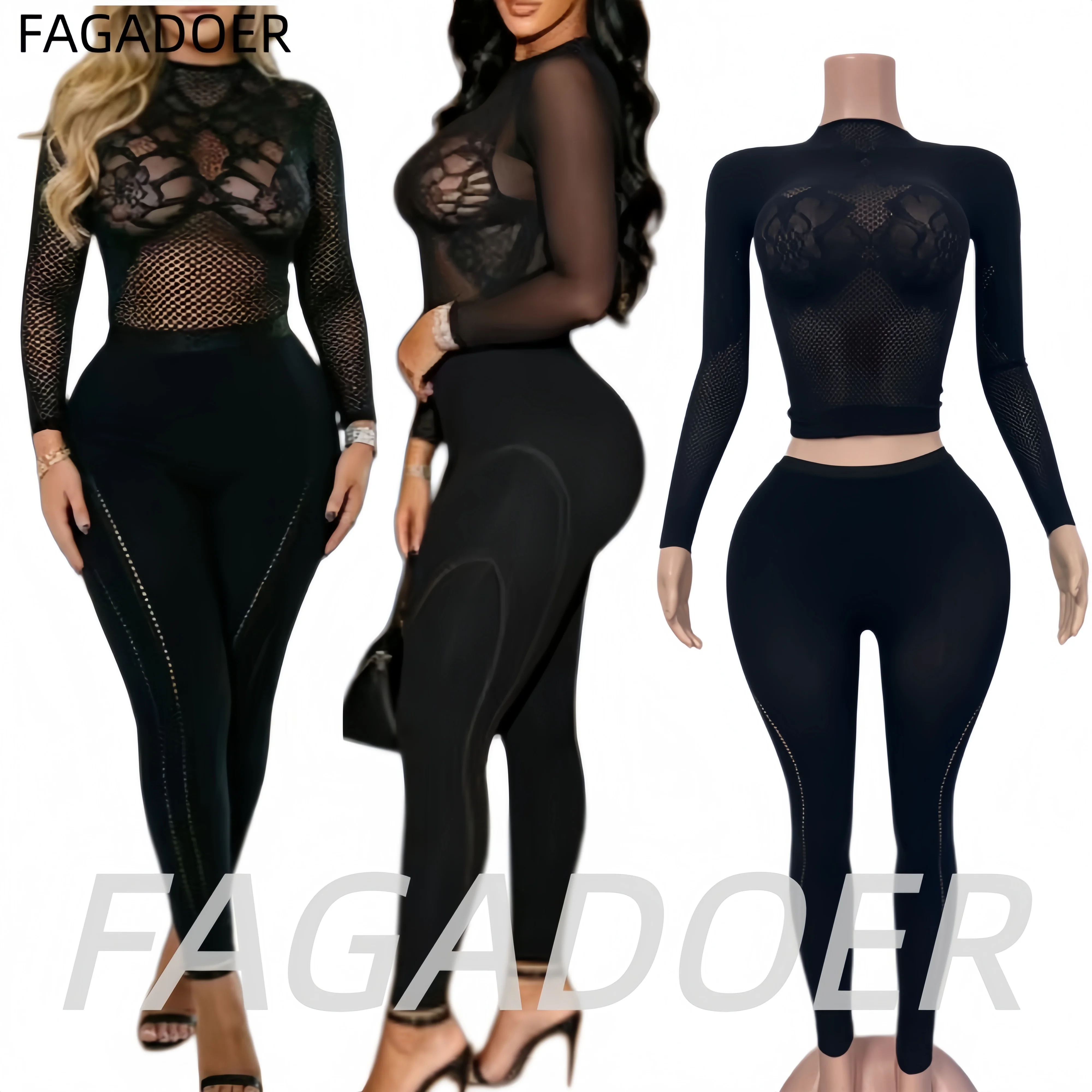 FAGADOER Sexy Mesh See Through Pants 2 Pcs Sets Hot Girl Night Party Club Sits Fashion Hollow Out Top + Bodycon Pants Outfits
