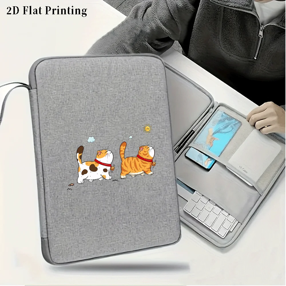 1PC 2D Flat Print Cartoon Cat Tablet Sleeve, Grey With Hand Strap, Shockproof Zipper Closure Fashion iPad Storage Bag for Daily