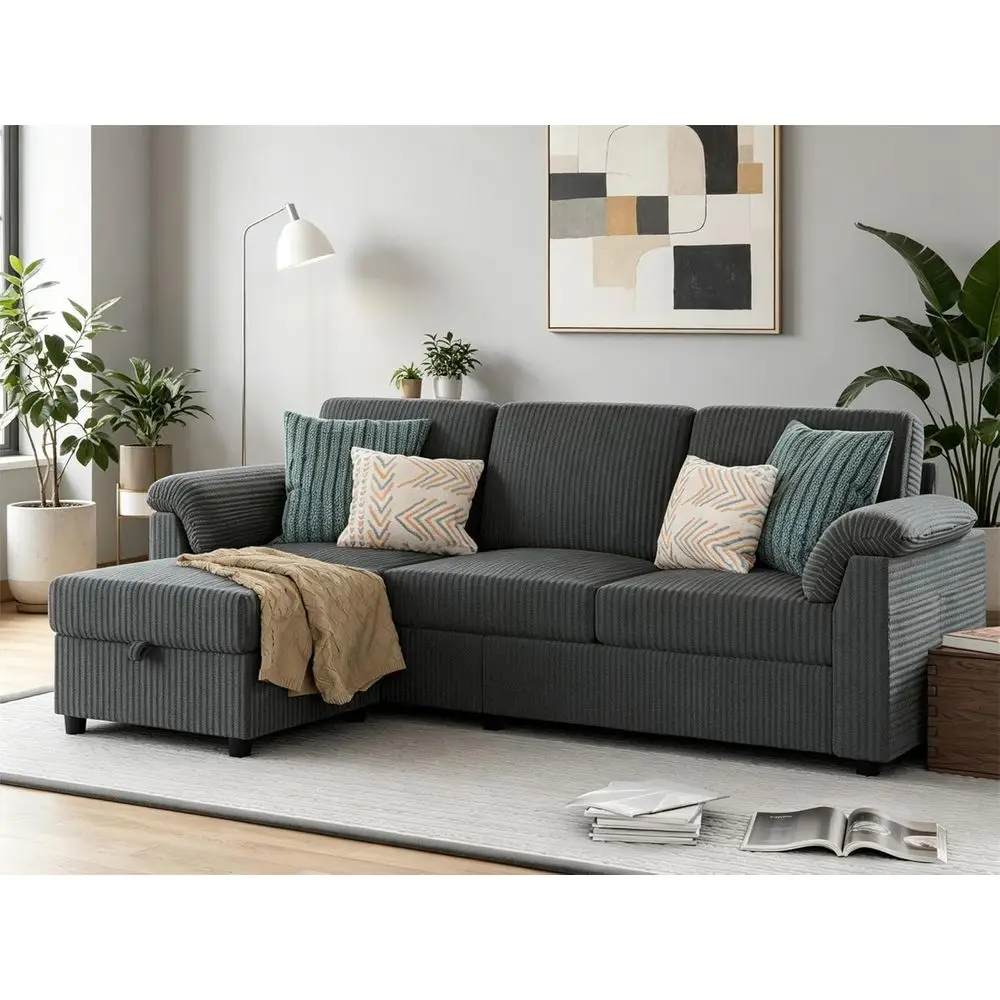 

Gray 79 L-Shaped 3-Seat Sectional Sofa with Ottoman, Corduroy Fabric for Small Living Room or Office