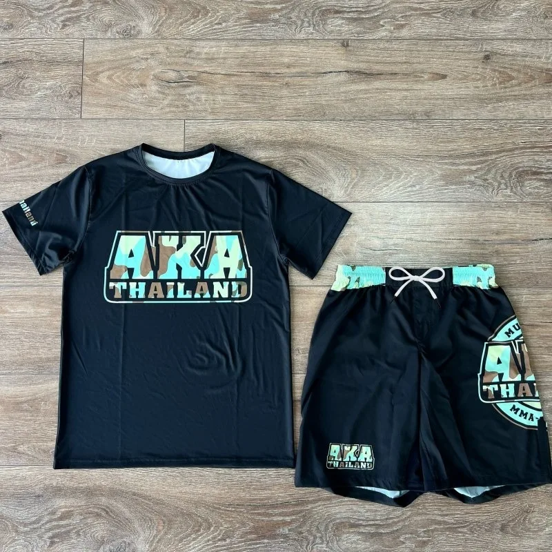 

2026 New Street Style Boxing Outfit: Quick-drying Short-sleeved T-shirt + Camouflage Print Shorts, Unisex Sports Two-Piece Set