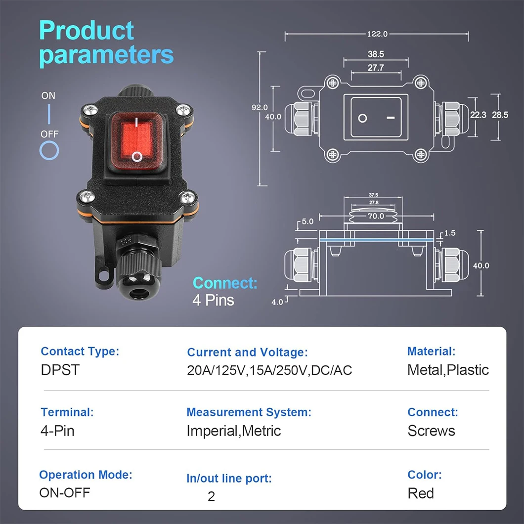 IP66 Waterproof Dual Outlet Port Toggle Switch Box AC/DC 15A250V/30A350V DPST ON-OFF Red Light Rocker Button Inline Cord Switch