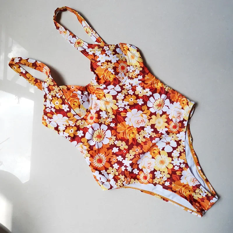 Floral Printed One Piece Swimsuit Women Swimwear High Cut Monokini High Waist Bathing Suit Sexy Underwired Bodysuit Beach Wear