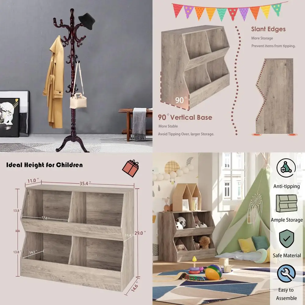 Perchero independiente con 14 ganchos, base de madera natural y altura ajustable para un fácil montaje