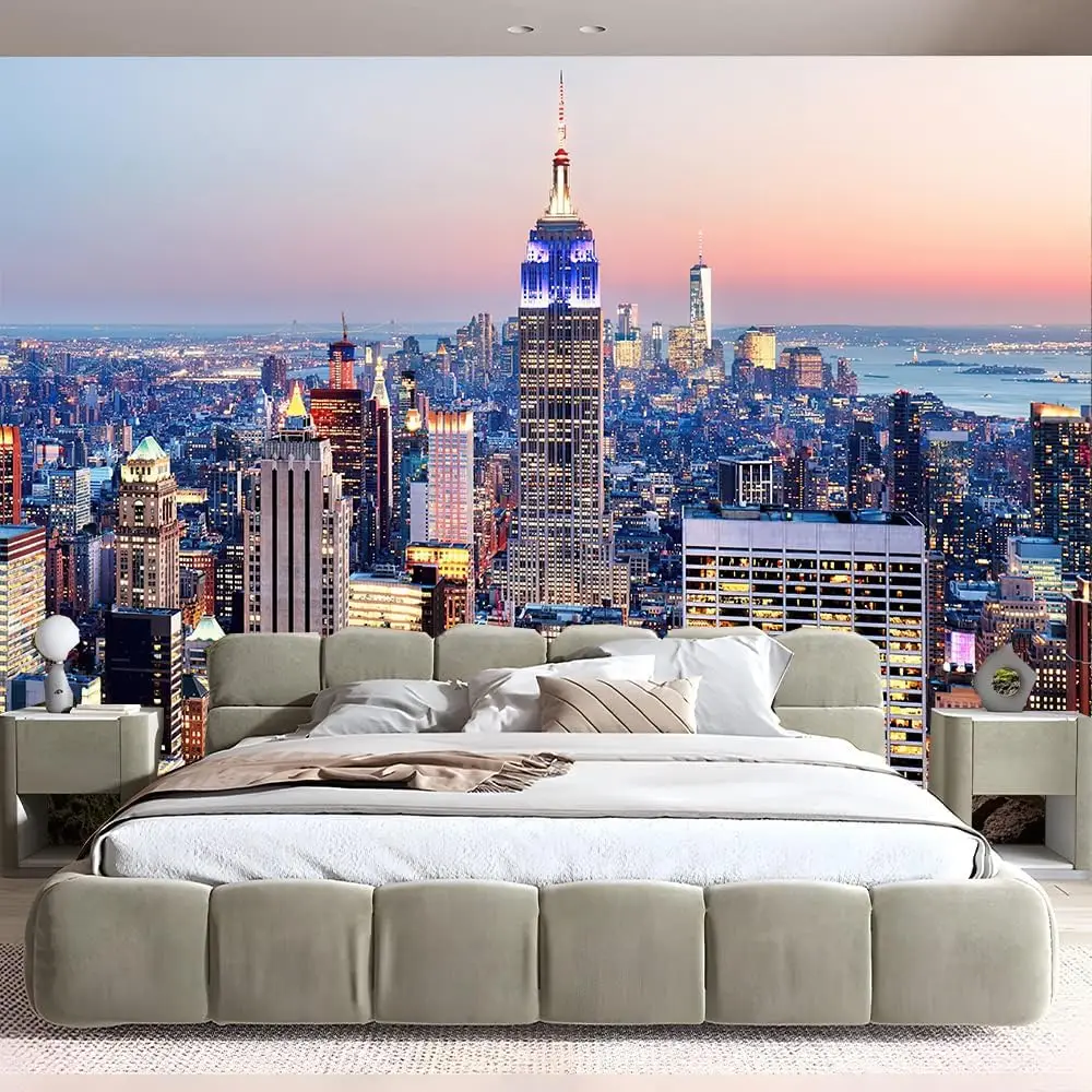 Tapiz con Diseño del Horizonte de Nueva York, Paisaje Urbano Moderno con Luz Nocturna, Decoración Trippy para Colgar en la Pared, Ideal para Dormitorio o Sala de Estar