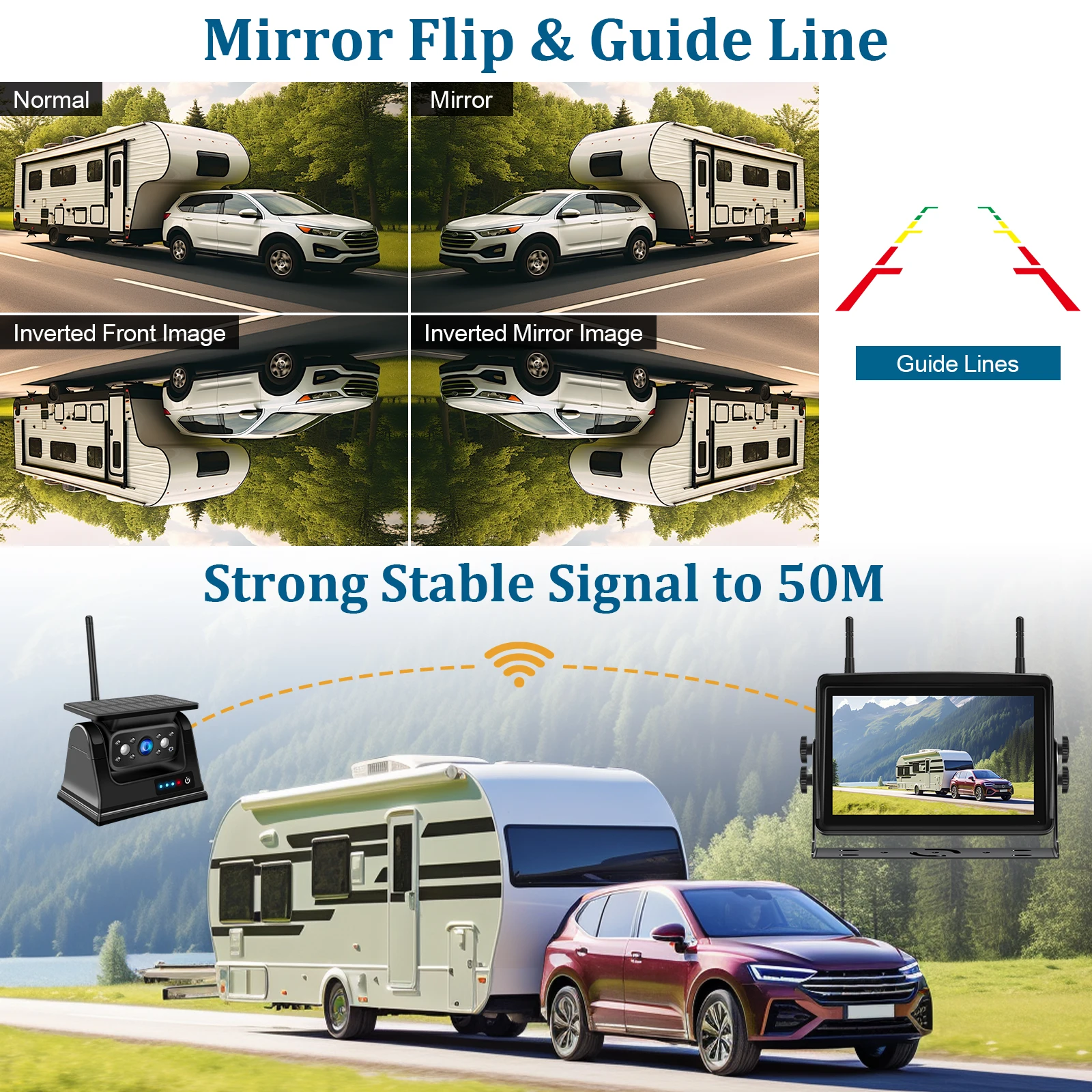 VEKOOTO Digital Wireless 7 Inch IPS Touch Screen Standby Mode DVR Monitor Solar Magnetic Base Backup Camera For Truck Caravan Rv