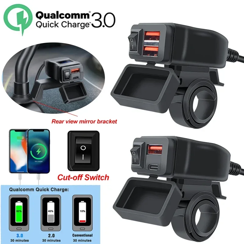 PD QC3.0 Motorrad USB Schnell-Ladegerät Wasserdichter Typ-C-Anschluss mit Digital-Voltmeter für Mobiltelefone