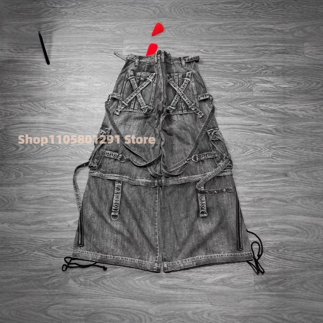 Y2K Gothic Hip Hop New Fashion Heavy Industry Grey Washed Baggy Jeans Women Rock Multi‑Pocket Spliced Jeans Cargo Trousers