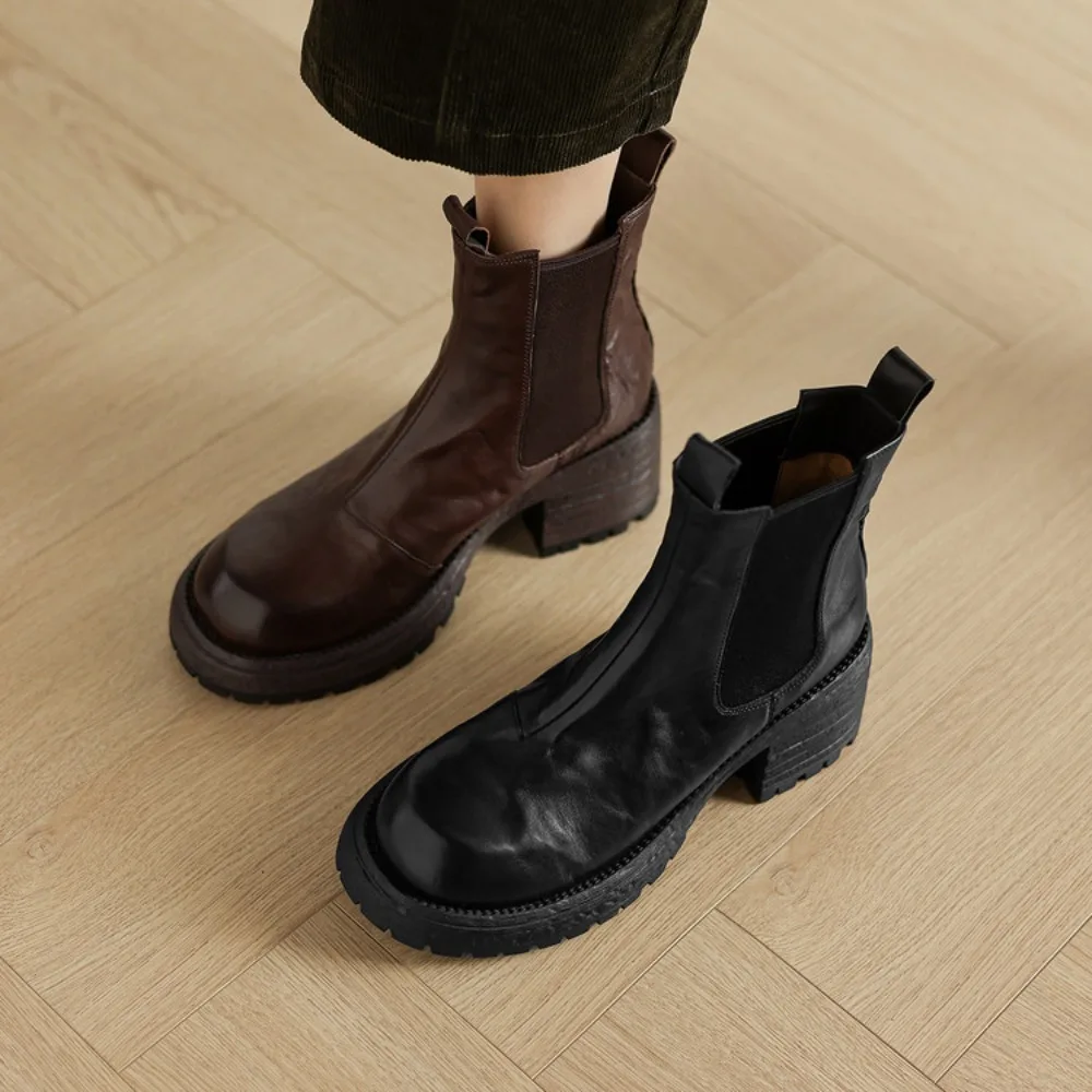 New 2026 Trend Autumn Winter Genuine Leather Women Chelsea Ankle Boots Low Block Heels Round Toe Slip on Boots(Black/Brown)