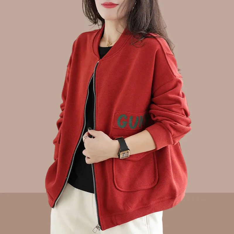 New Spring and Autumn Fashion Round Neck Zipper Cardigan Baseball Suit Loose Versatile Age Reducing Casual Short Women\'s Coat