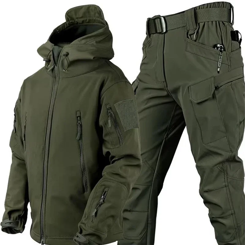 

Winter Tactical Sets Men Shark Skin Soft Shell Hooded Jacket+Multi-pocket Straight Cargo Pant 2 Pcs Suits Waterproof Set