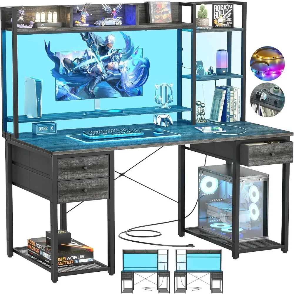 

Desk with LED and Outlets, Gaming Desk with Hutch, 47.2'' Computer Desk