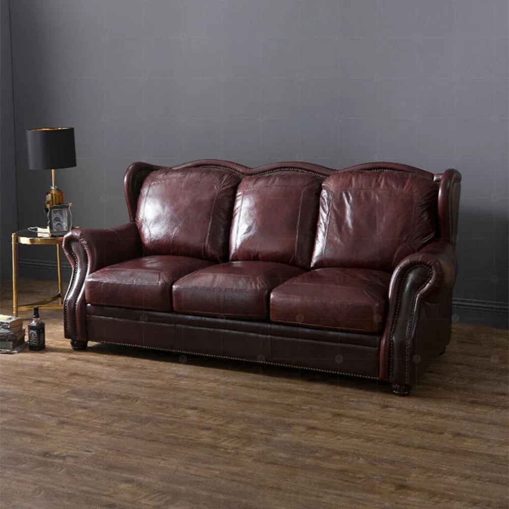 Sofá de couro italiano americano cera de óleo sofá de couro de vaca genuíno grandes sofás modernos para sala americano chesterfield salão