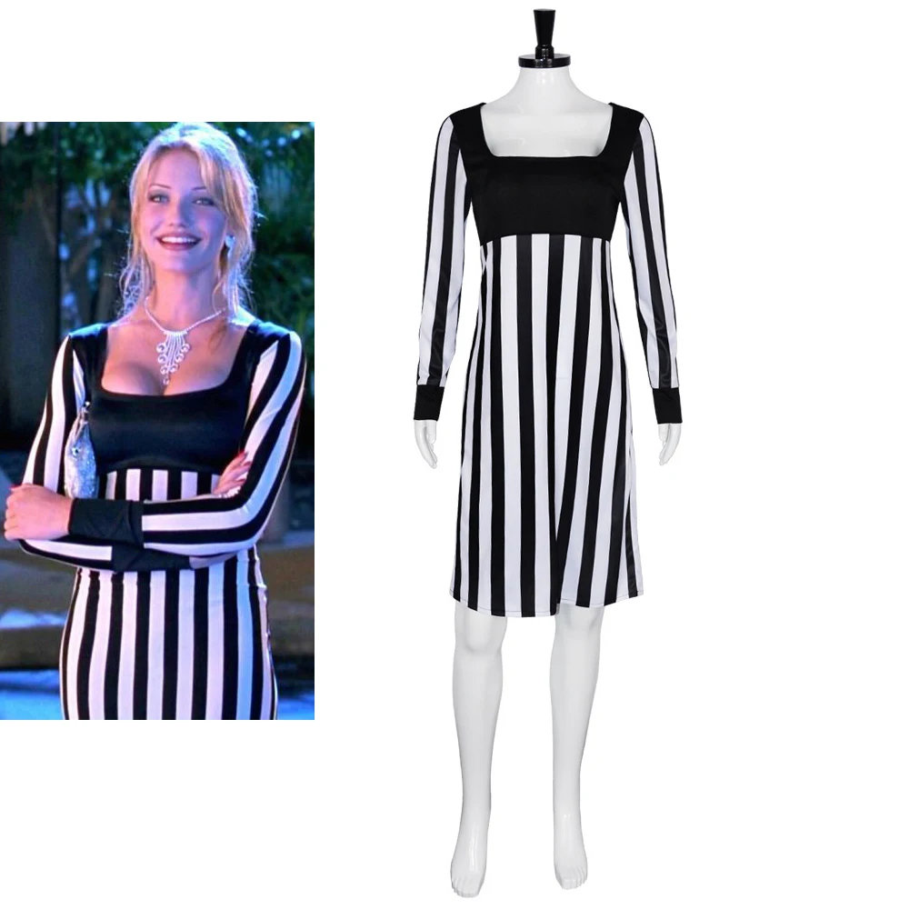 Tina Carlyle Cosplay Movie Costume Adult Women Fantasia Black Striped Dress Halloween Carnival Party Evening Gown