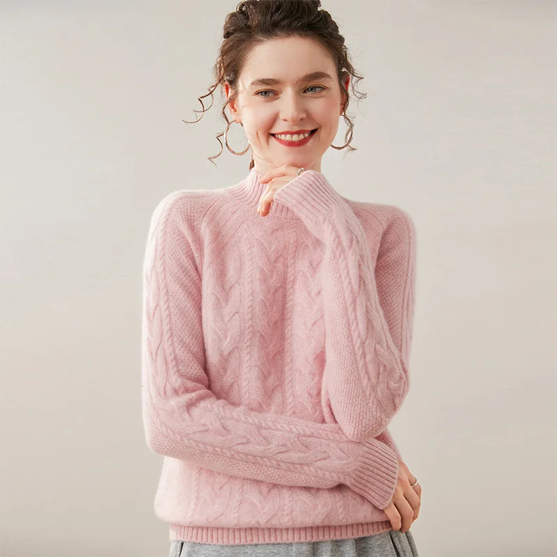 

Chic Soft Warm Women's Mock Neck Thick Cable Stitch 100% Cashmere Knitted Pullovers Casual Loose Exquisite Simple Sweater Tops