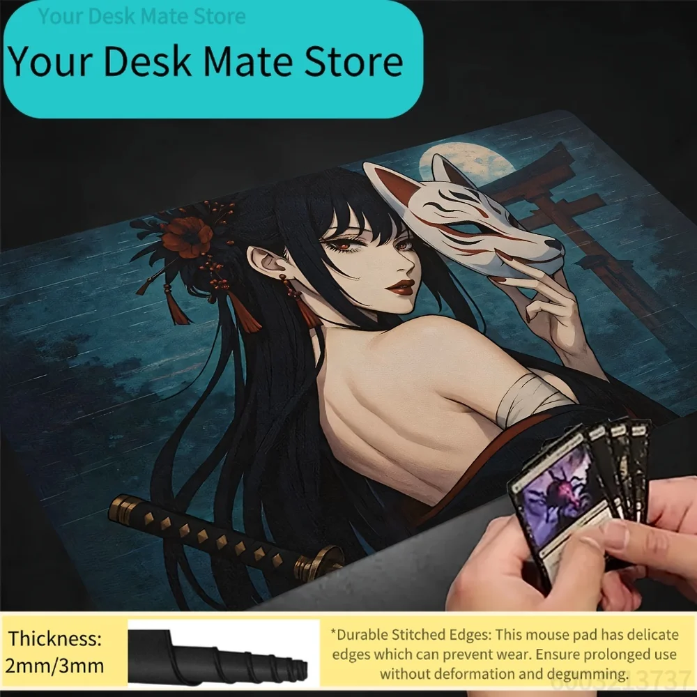 

1 Large Anime Kitsune Mask Samurai Printed Non-Slip Stitched Edge Desk Mat for TCG Gaming