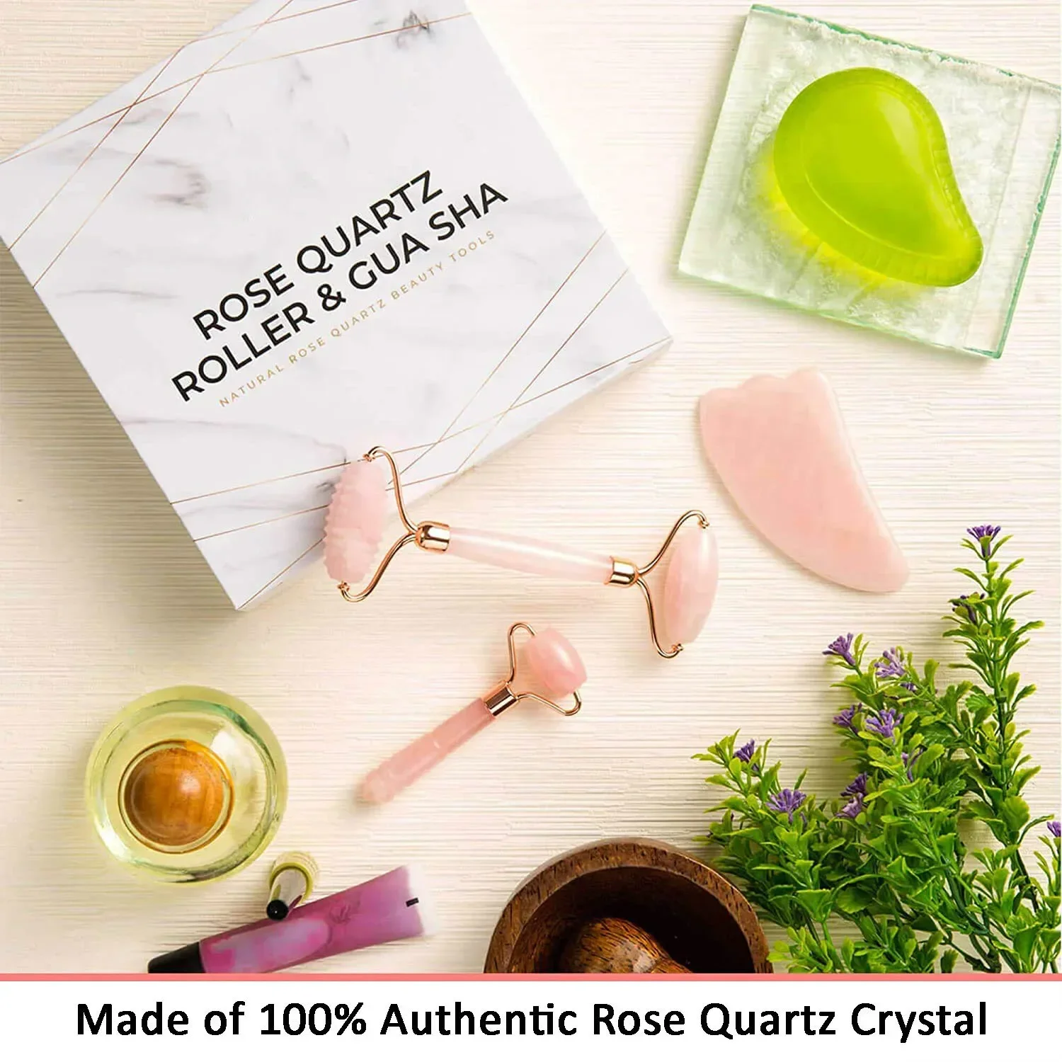 Rodillo de cuarzo rosa con juego Gua Sha para la cara, masajeador Facial 100% Natural, auténtico, cristal, piel, ojos, cuello, tonos, esponja