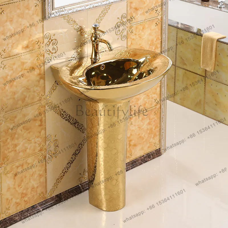 D30 European art column wash basin ceramic gold split wash basin