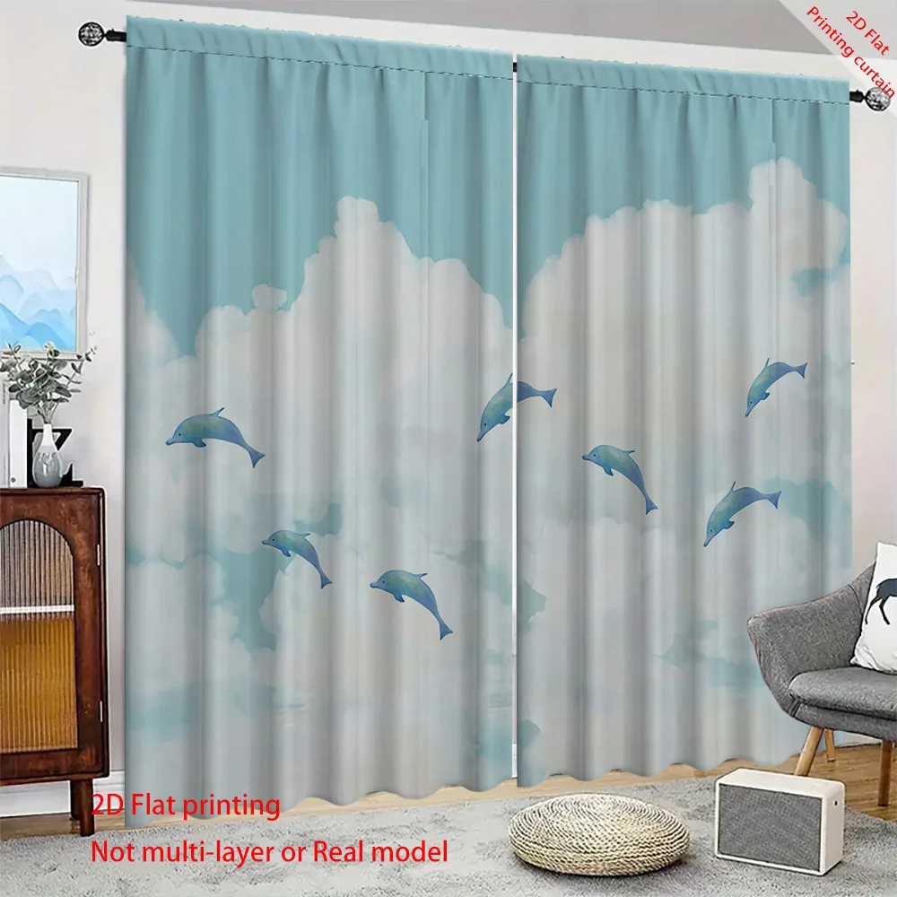 Cartoon dolphin curtains, dreamy Bohemian home decor sunshades, suitable for dormitories, offices, bedrooms, balcony curtains