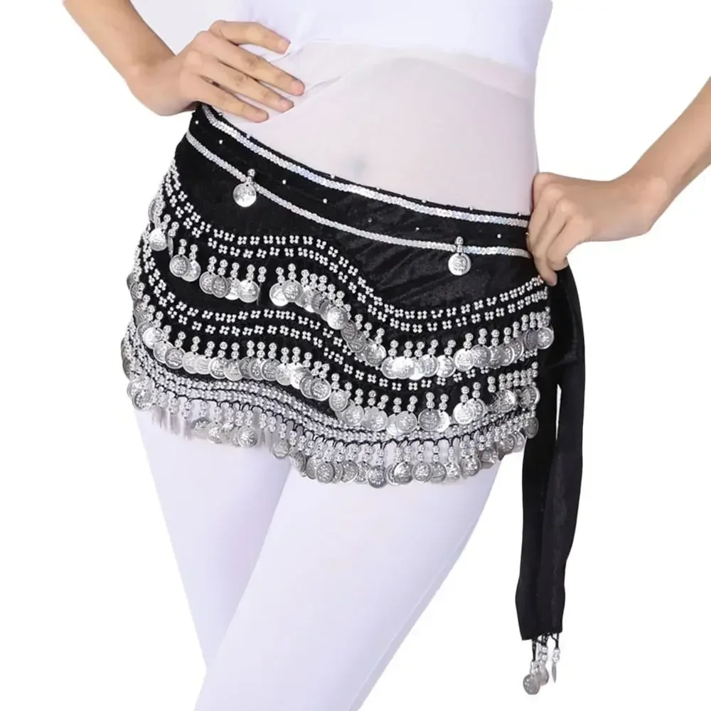 

Women Belly Dance Hip Scarves Silver Coins Wrap Belt Chain Girls Sequins Tassels Dance Wear