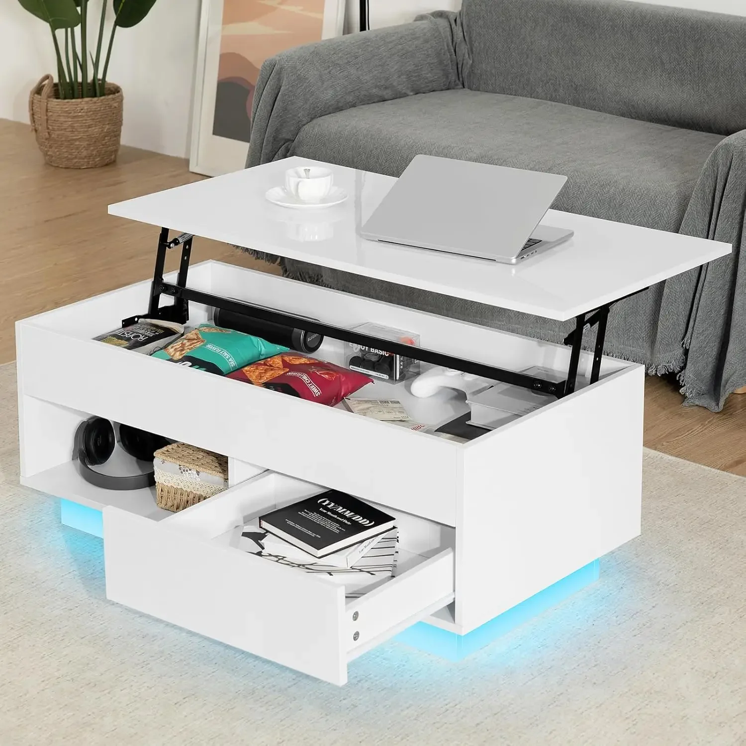 Mesa de centro elevatória com armazenamento LED Mesa de centro moderna de alto brilho para sala de estar Mesa de chá moderna de 3 camadas com armazenamento