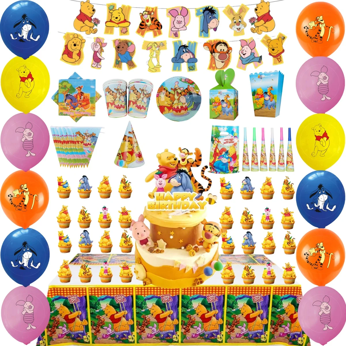 

Winnie the Pooh Disney Cartoon Theme Birthday Party Disposable Tableware Balloon Party Decoration Hat Horn Background Cake Stand