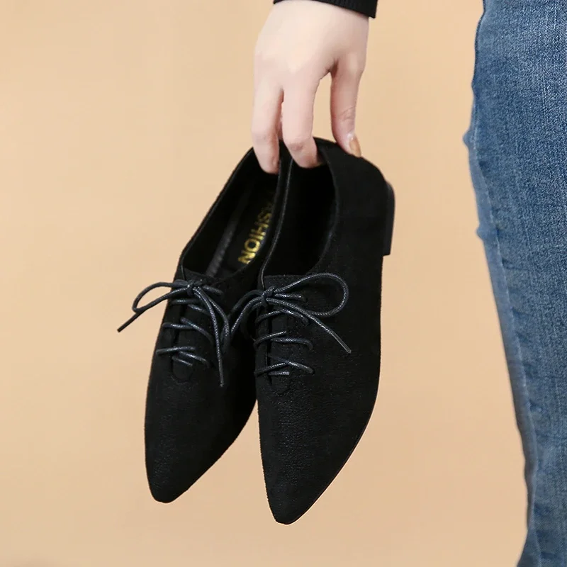 Fashion Pointed Shoes Female Shoes Daily Casual Shoes Classics Black Lace-Up Comfortable Flats Women\'s Flat Shoes 2022 Autumn